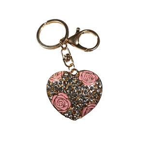 Heart Keychain Rose Gold Color Rhinestone Roses Feminine Luggage Purse Clip